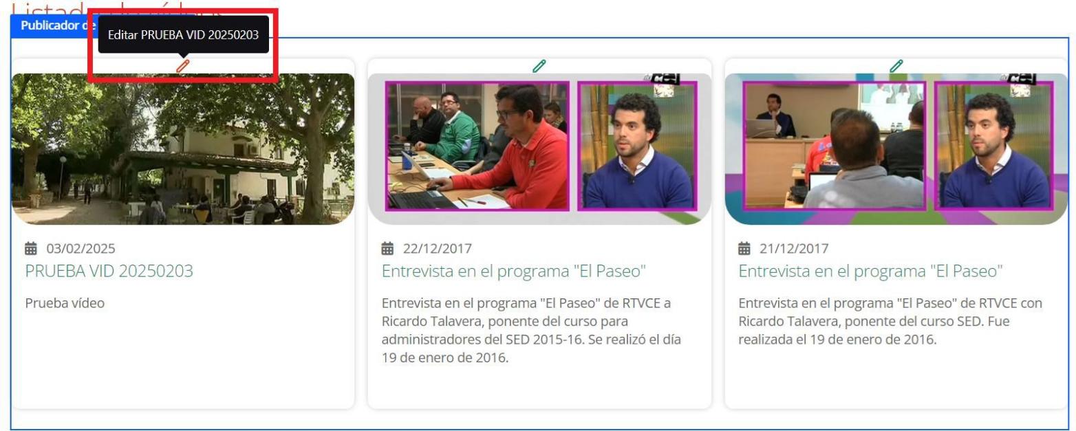 Pantalla de Galería de vídeos