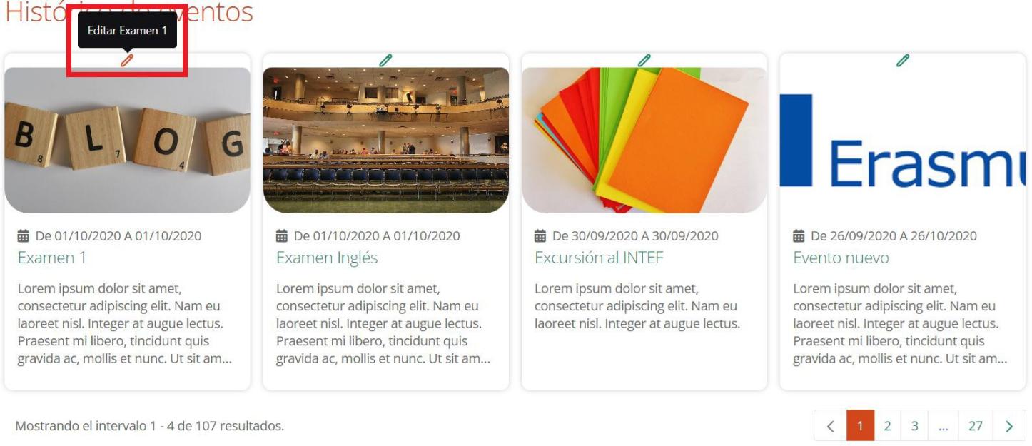 Pantalla de Histórico de eventos