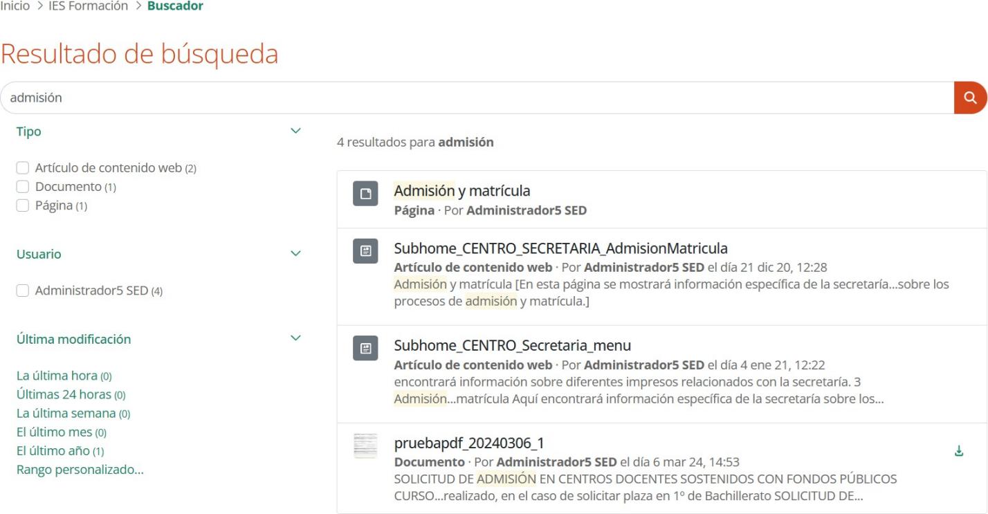 Resultados del buscador con filtros