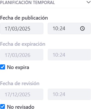Pantalla de Planificación temporal