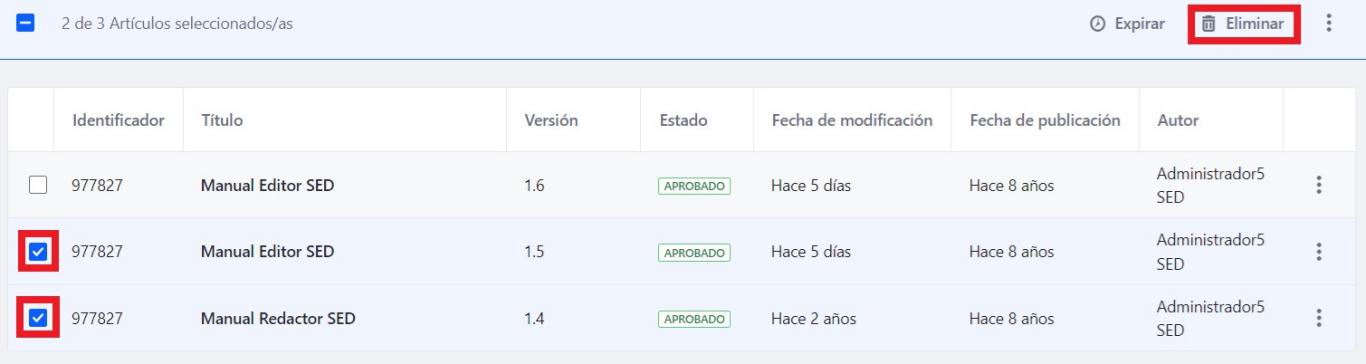 Pantalla de Histórico de versiones de contenidos web