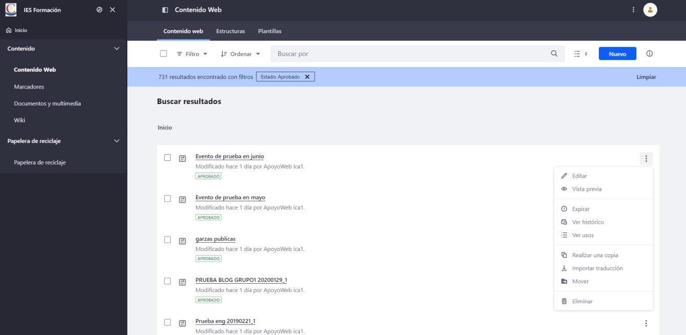 Listado de contenido web