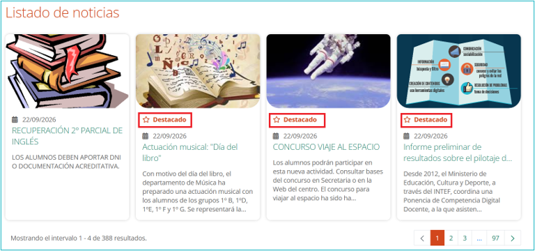 Ejemplo de página Noticias con tres noticias destacadas en el listado