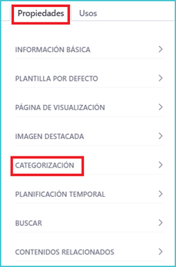 Panel de configuración de un contenido noticia