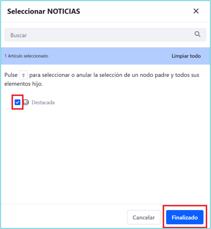 Seleccionar la categoría Destacada en una noticia