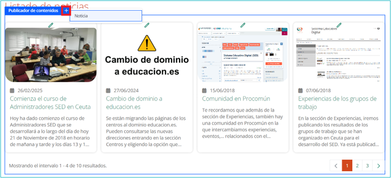 Listado de noticias, señalando el control de creación de una nueva noticia, que se encuentra a la derecha del título del bloque "Publicador de contenidos".