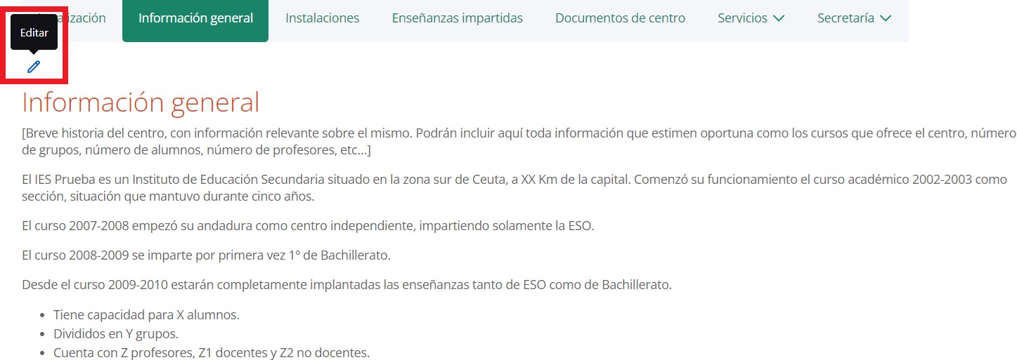 Pantalla de Información general