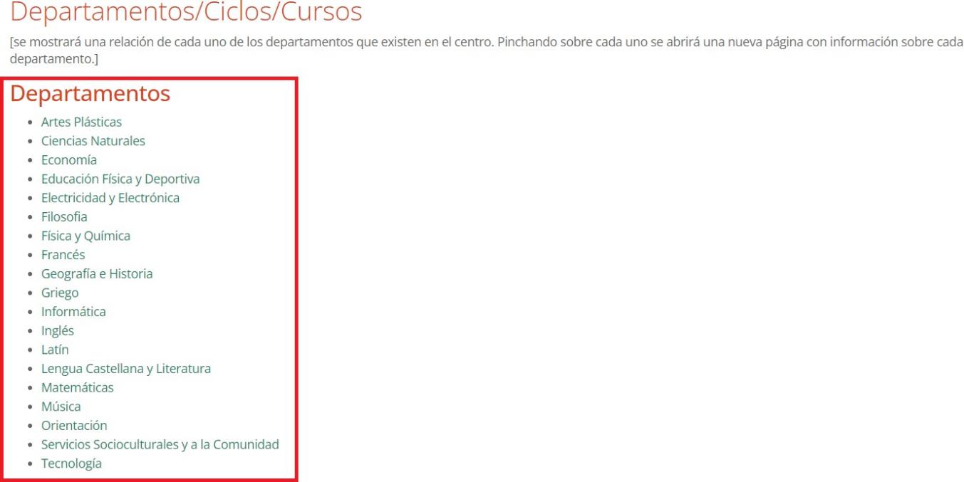 Pantalla de Departamentos/Ciclos/Cursos