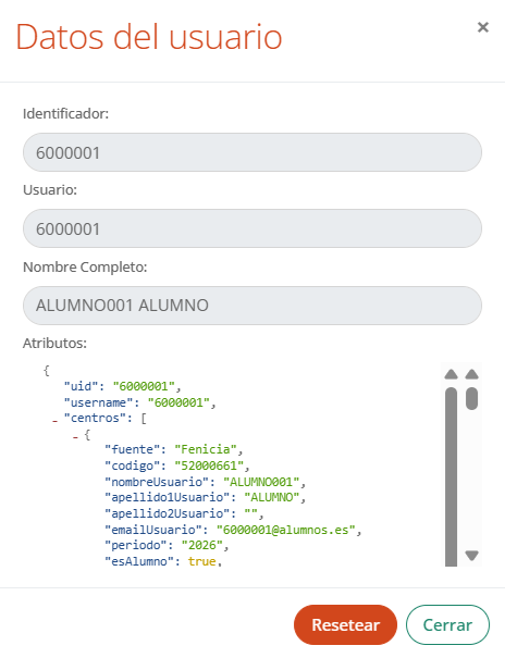 Ventana de reseteo de contraseña de un usuario
